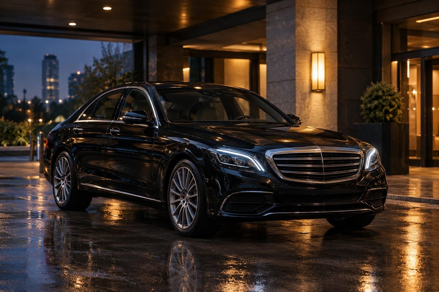 Black executive sedan, three-quarter front view, parked under warm light at night.
