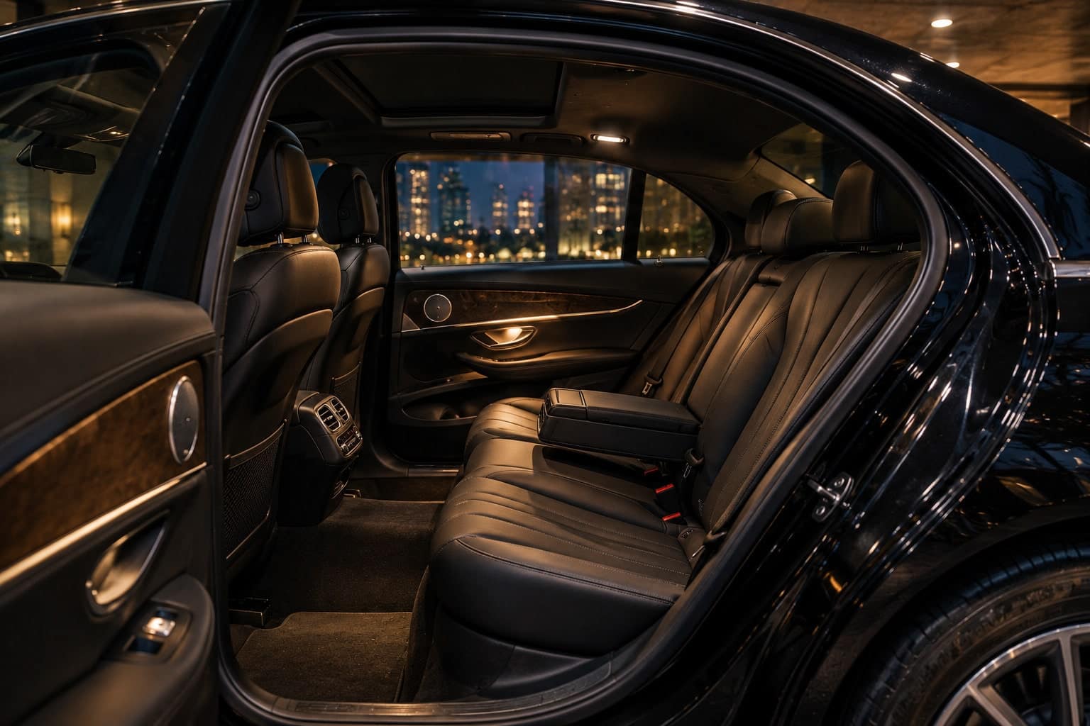 Rear seat of the executive sedan, seen from the open door.