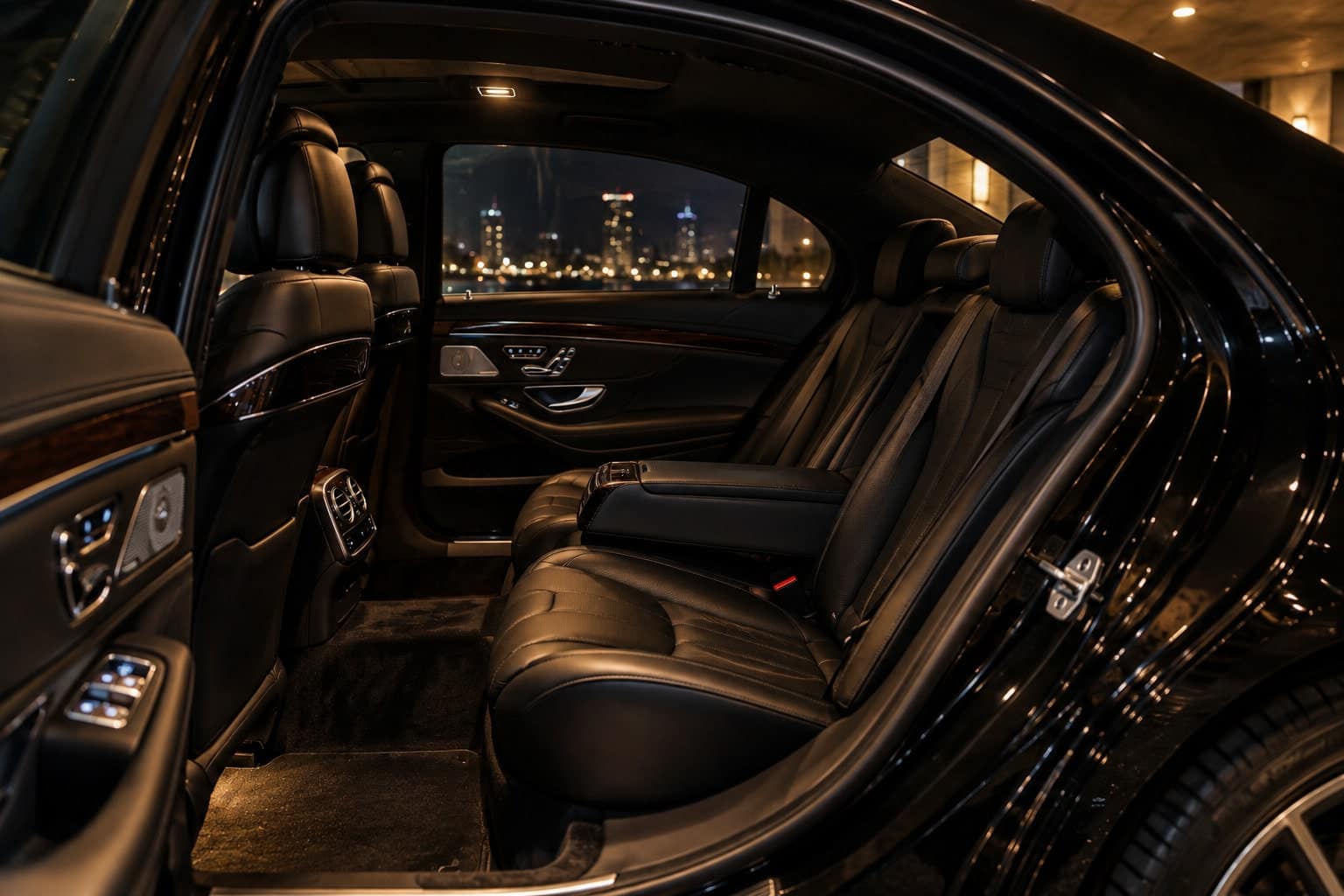 Rear seat of the luxury sedan, seen from the open door.