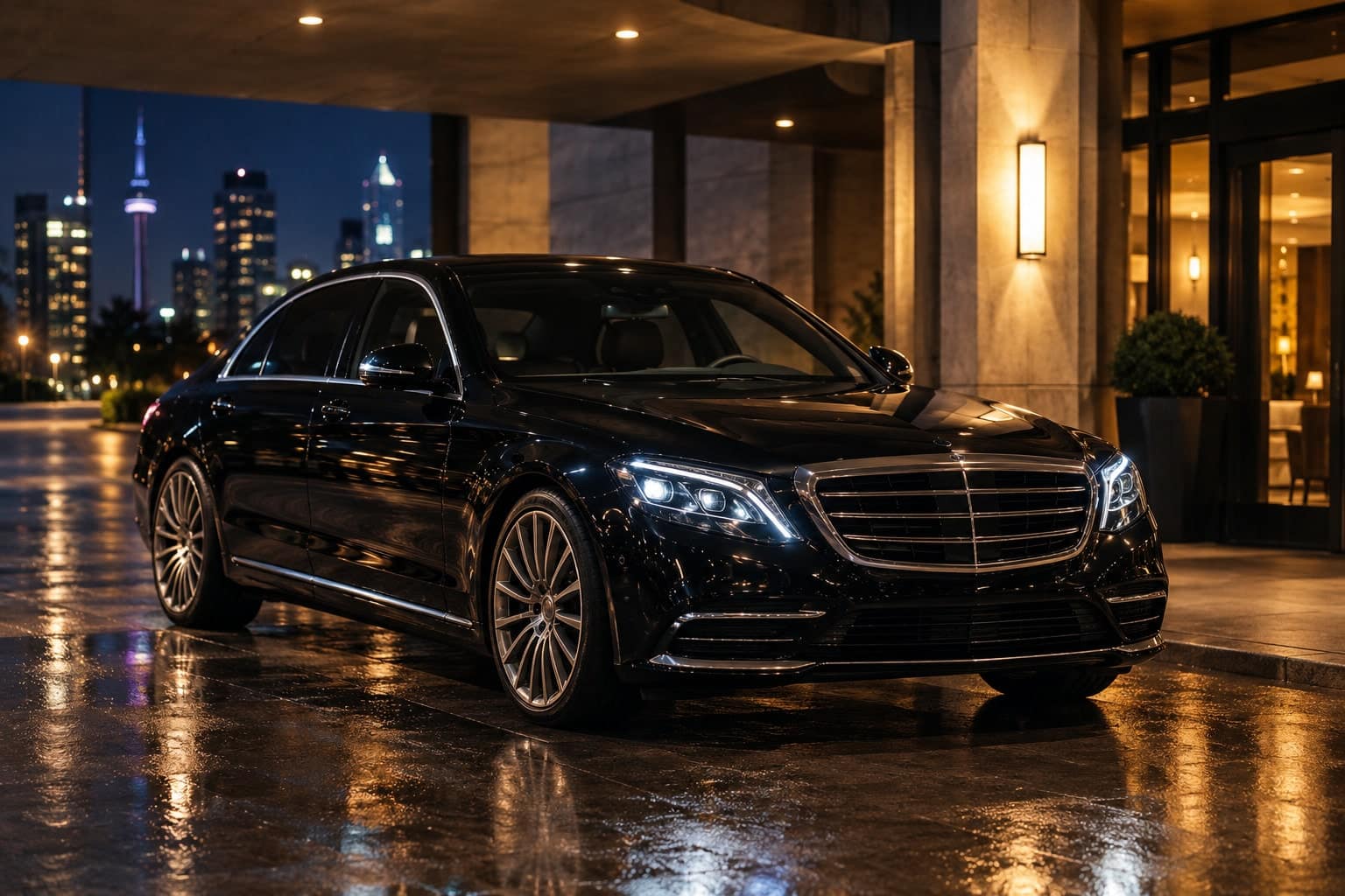 Black luxury sedan, three-quarter front view, parked under warm light at night.