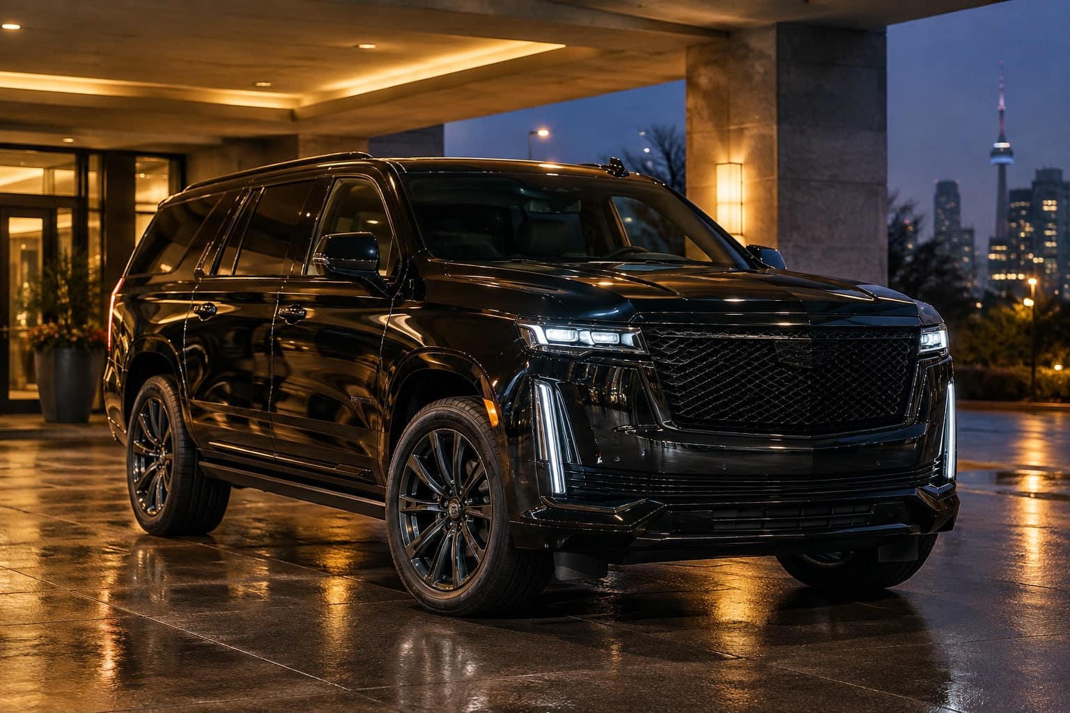 Black luxury SUV, three-quarter front view, parked under warm light at night.