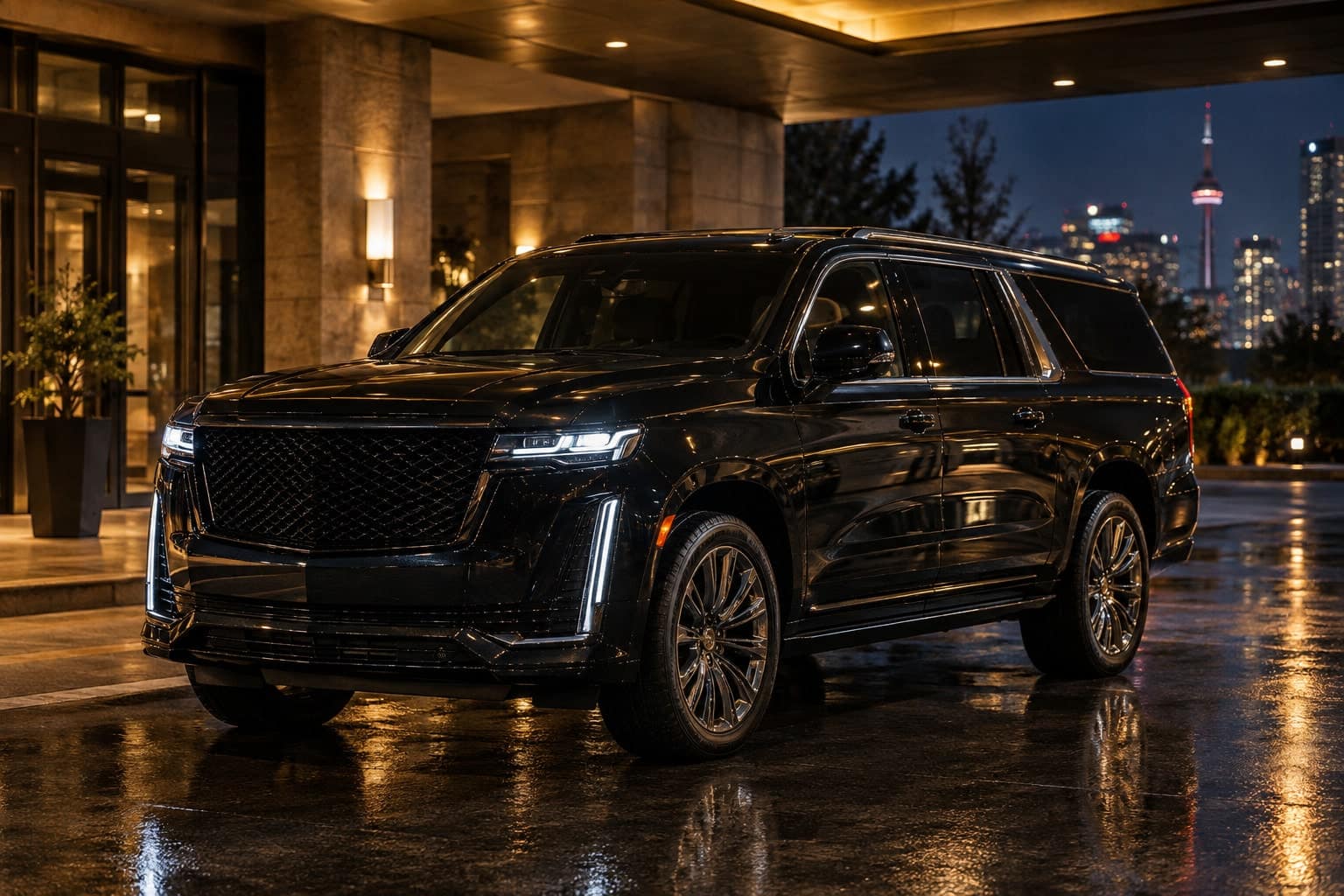 Black extended SUV, three-quarter front view, parked under warm light at night.