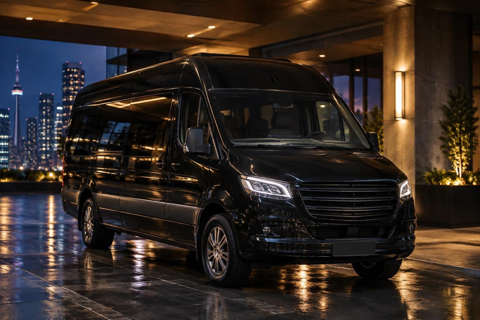Black executive Sprinter, three-quarter front view, parked under warm light at night.