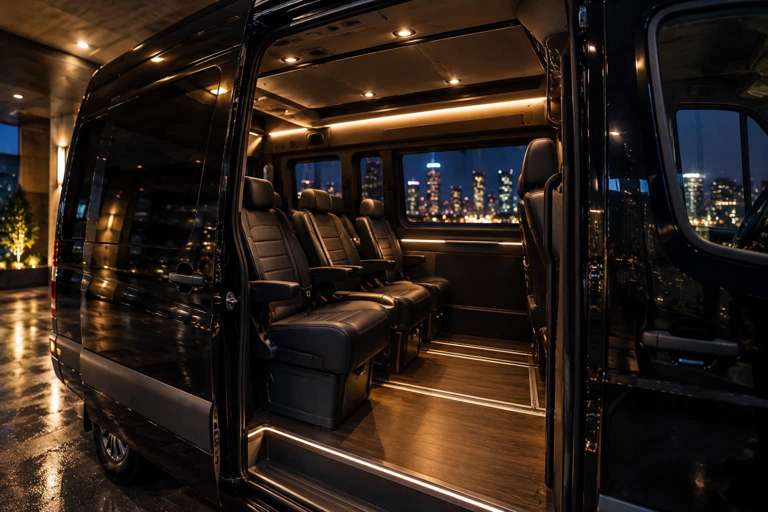 Rear seat of the executive Sprinter, seen from the open door.