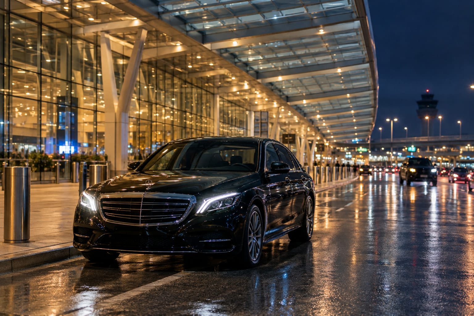 Black sedan waiting under a glass arrivals canopy at night.