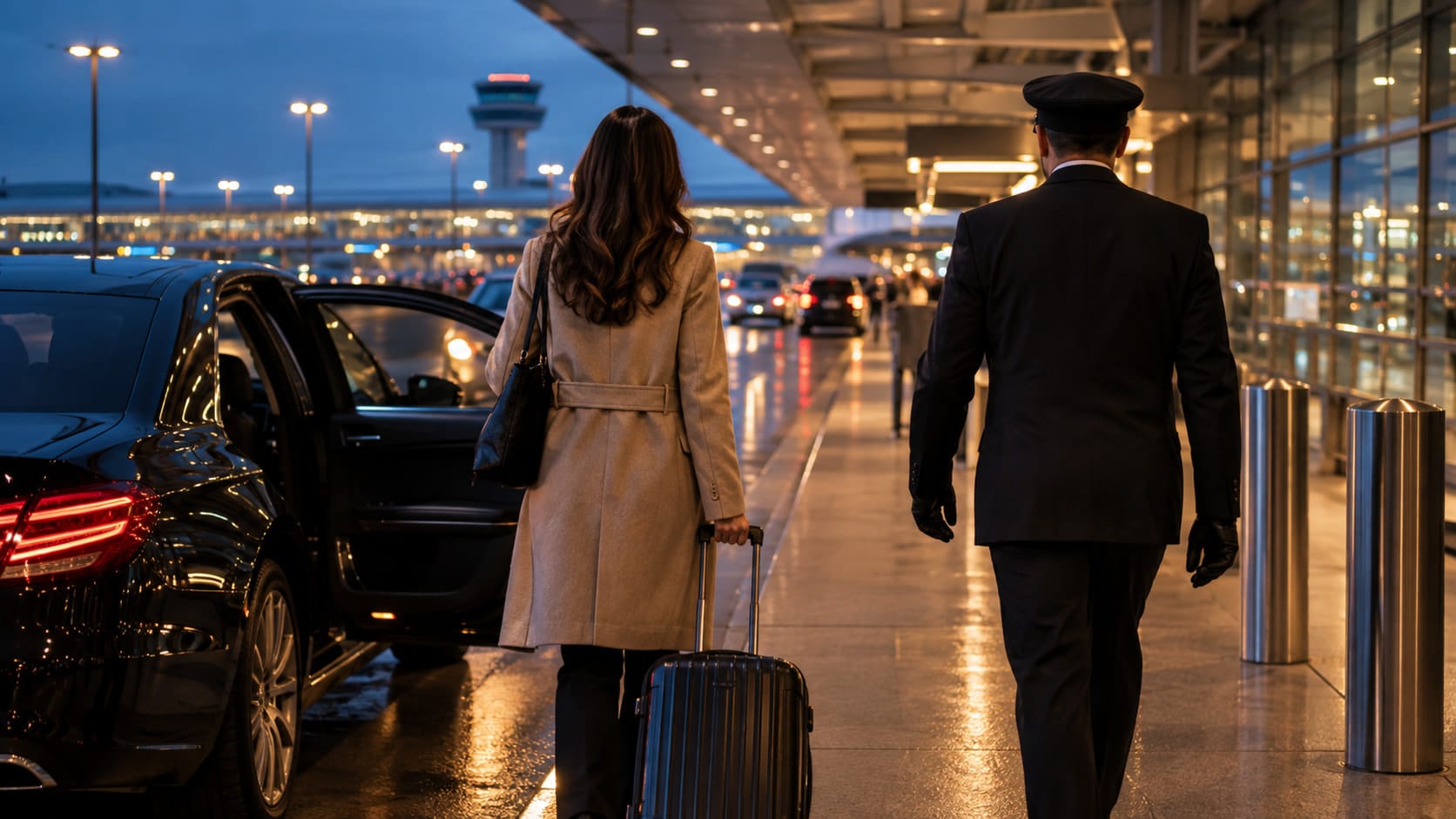 Traveller and chauffeur walking along an airport arrivals curb at night.