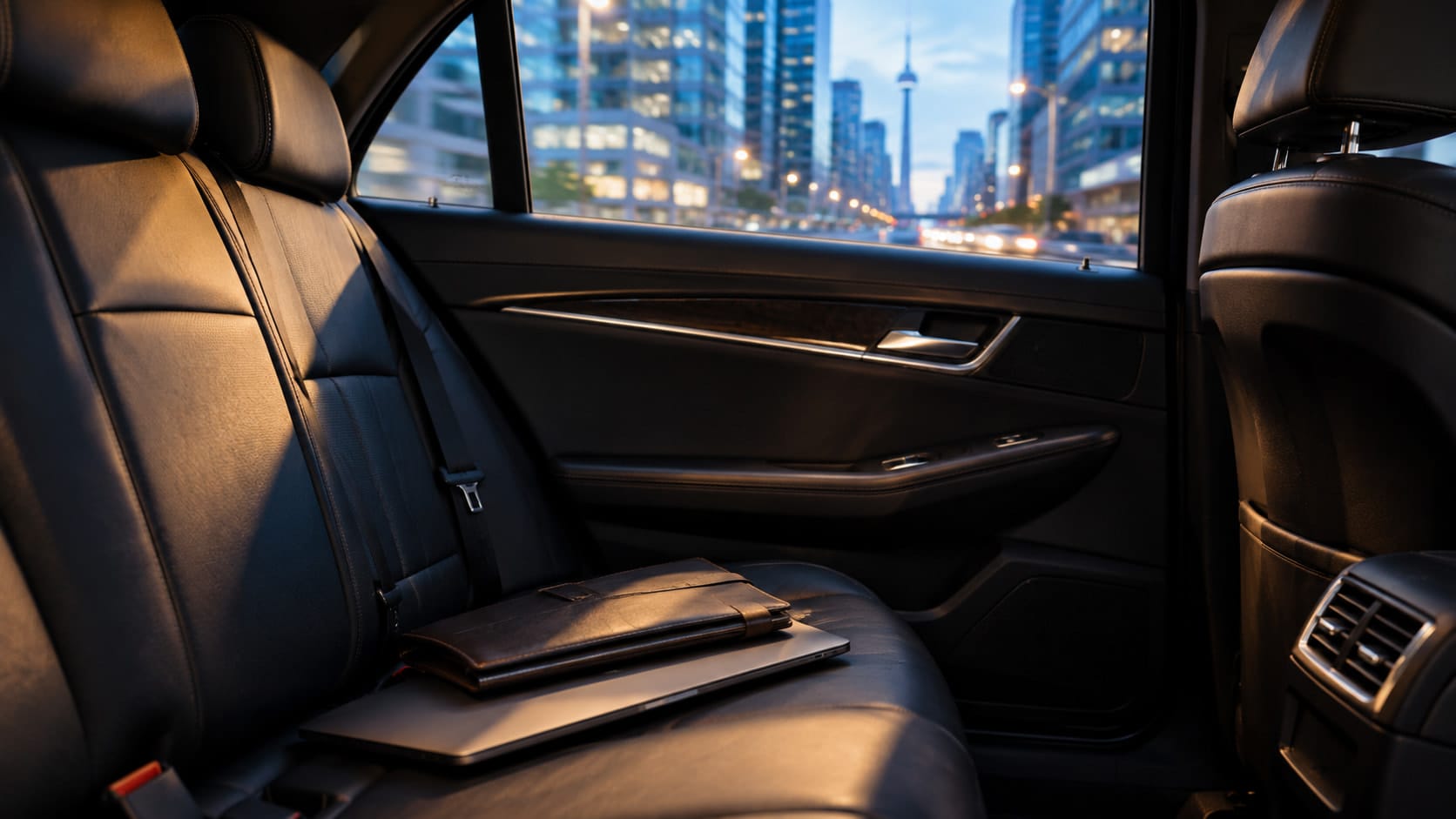 Laptop and folder on the rear seat of a car, city passing outside.
