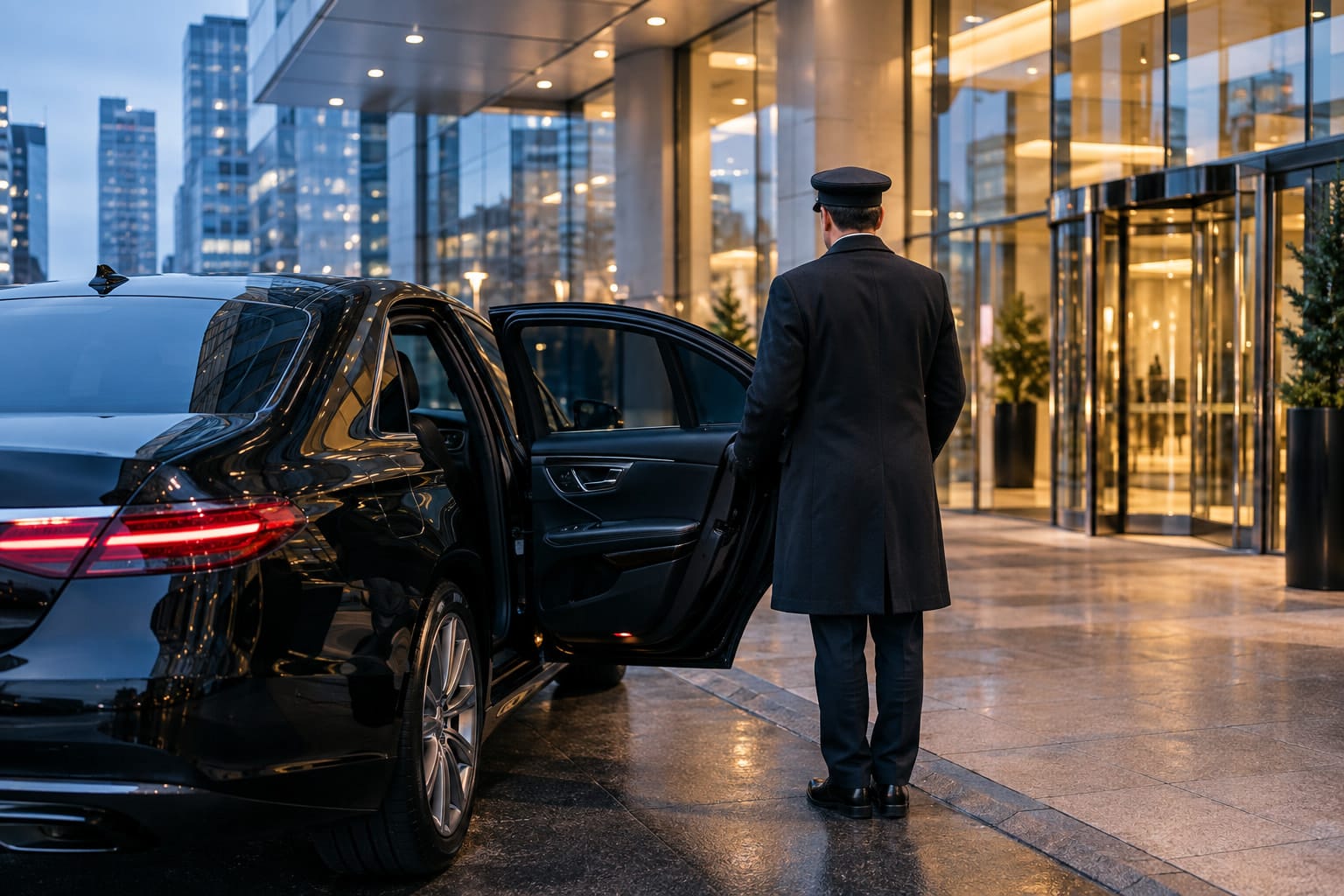 Black sedan waiting at an office tower entrance in the early morning.