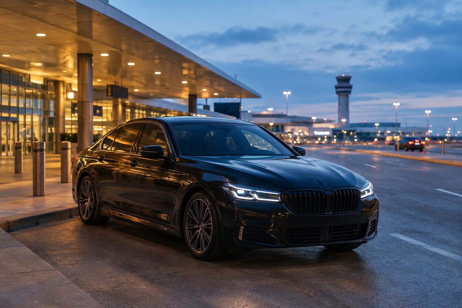 Black sedan at a quiet airport curb before dawn.