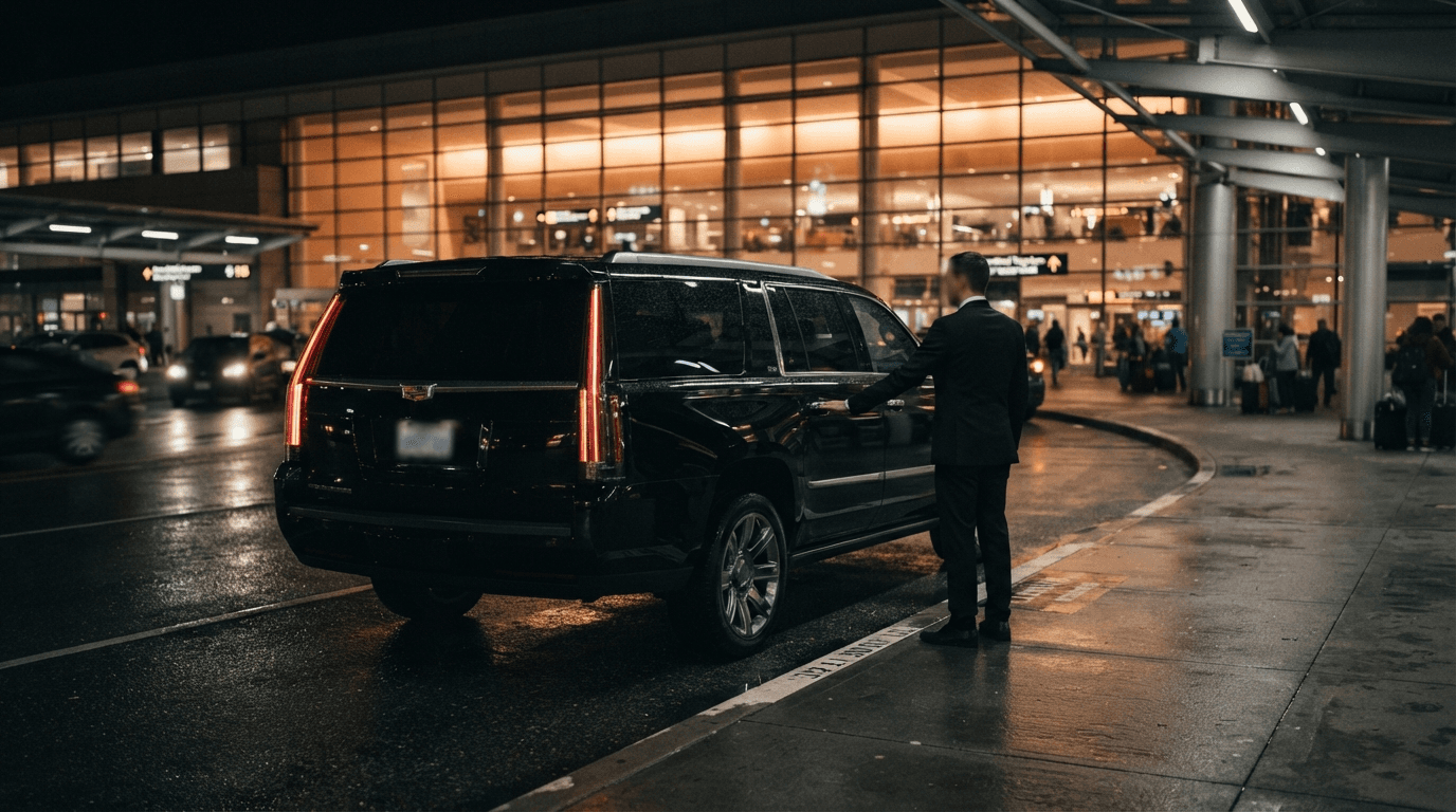 A chauffeur in a dark suit opening the rear door of a black SUV at a Toronto Pearson arrivals curb on a wet night.
