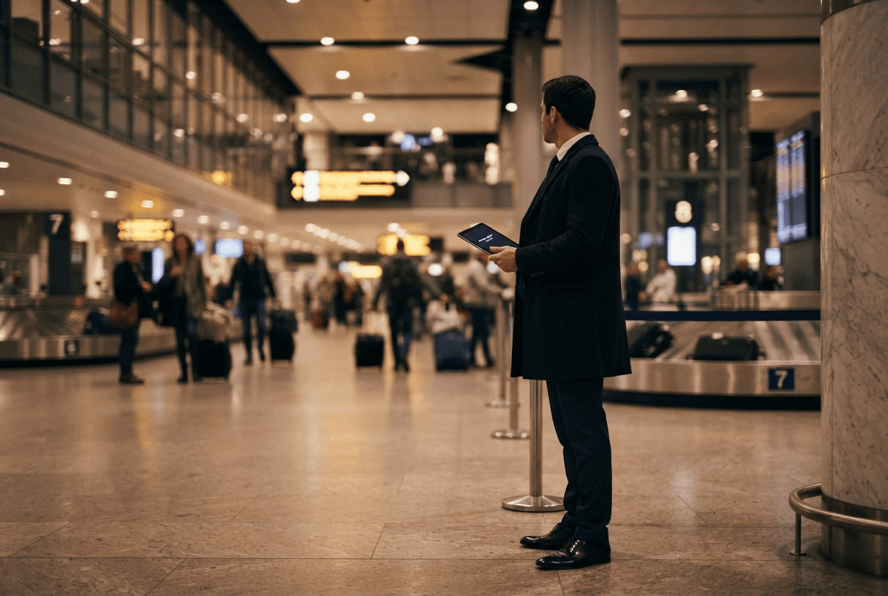 A Northcrest chauffeur waiting at baggage claim holding a digital name card.