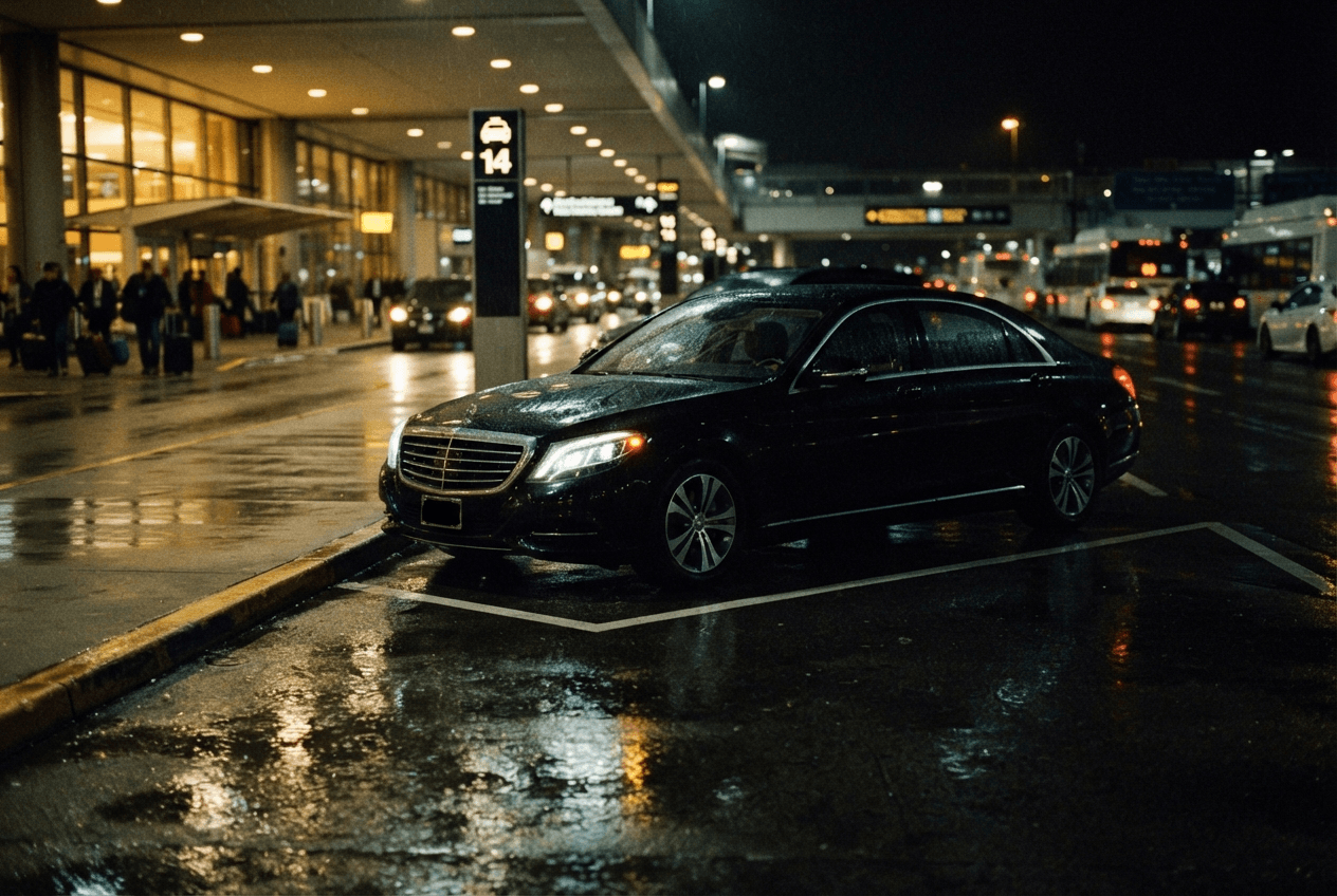 A black executive sedan from the Northcrest fleet waiting at a terminal kerb on a wet night.