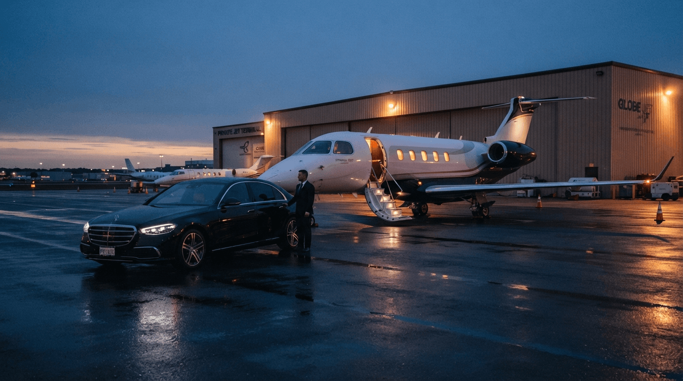 A black Mercedes-Benz S-Class waiting beside a private jet outside a private terminal at dusk, the chauffeur standing at the rear door.