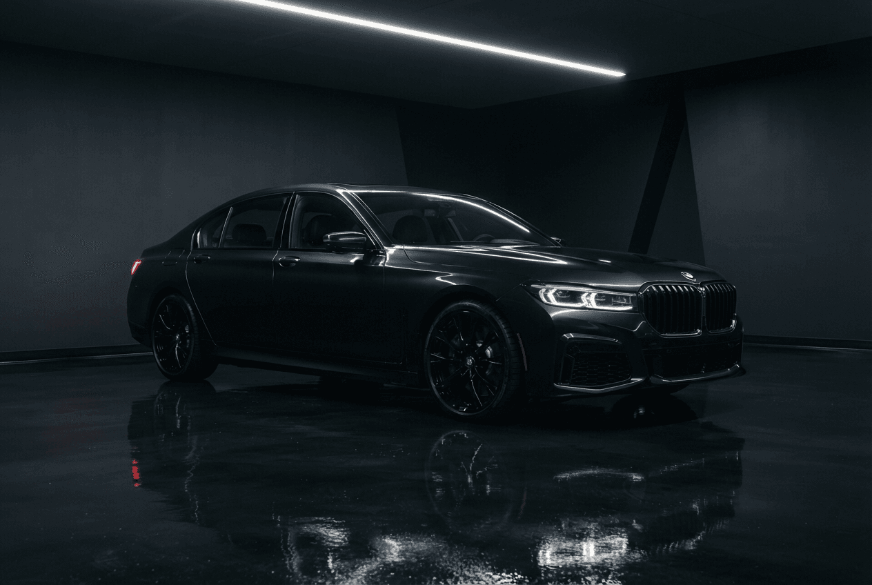 Black BMW 7 Series, photographed in a dark studio.