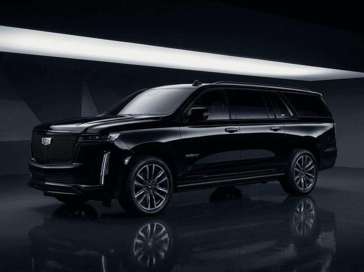 Black Cadillac Escalade ESV, front three-quarter view in a dark studio.