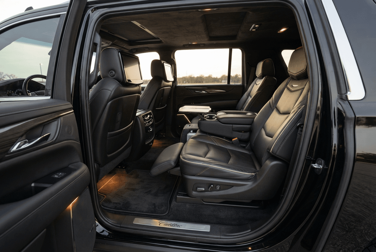 The second row of a black Cadillac Escalade ESV, two leather captain chairs with the rear door standing open.