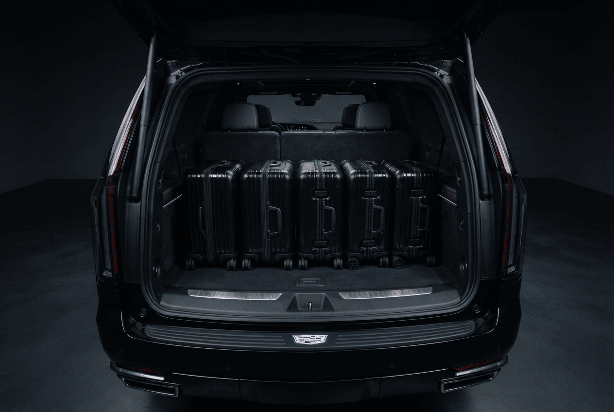 Six full-size suitcases upright in the Escalade ESV cargo bay.