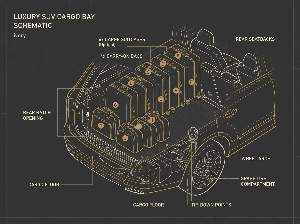 Cargo layout diagram showing six large cases and four carry-ons in the Escalade ESV.