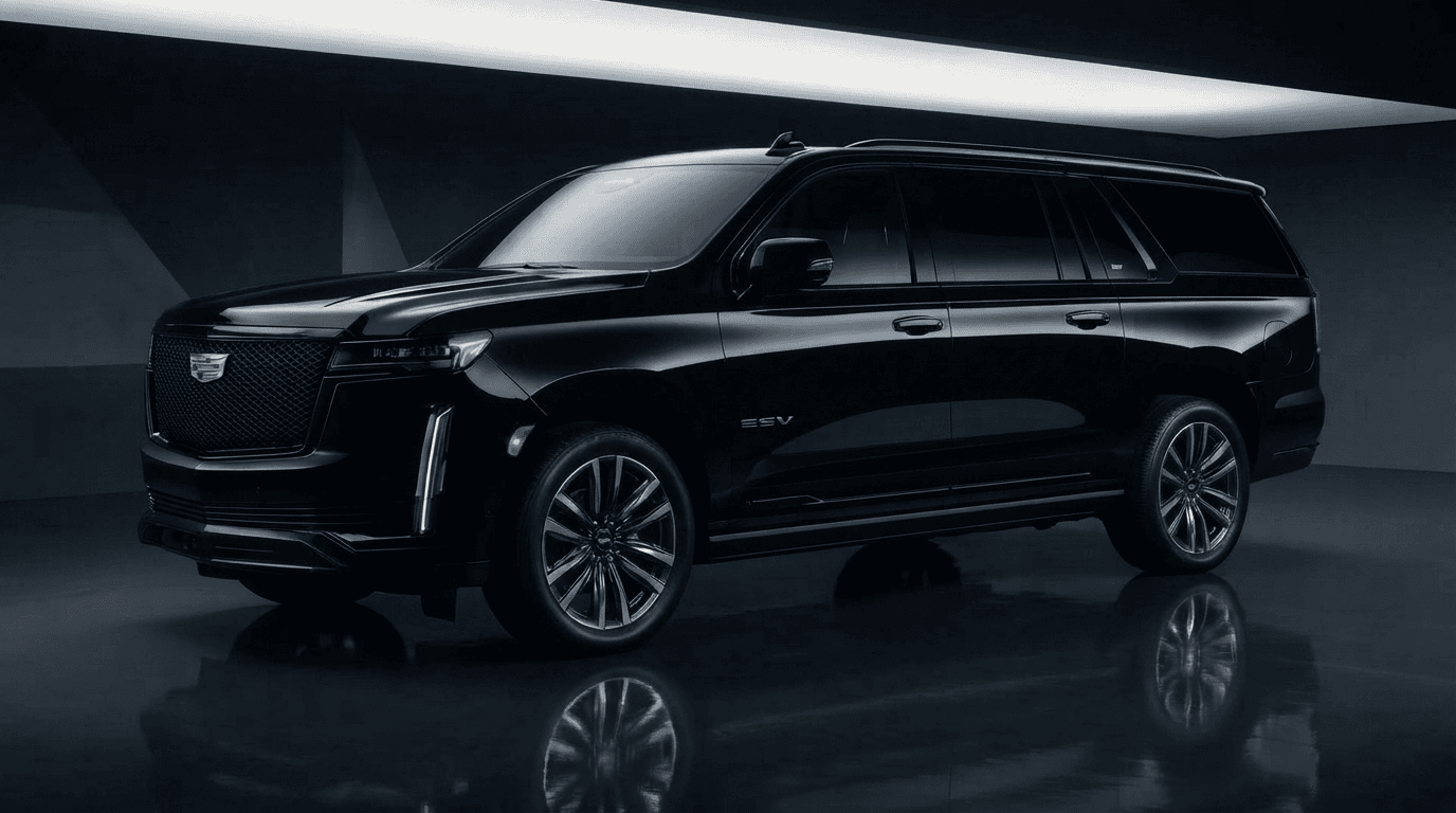 Black Cadillac Escalade ESV, photographed in a dark studio.