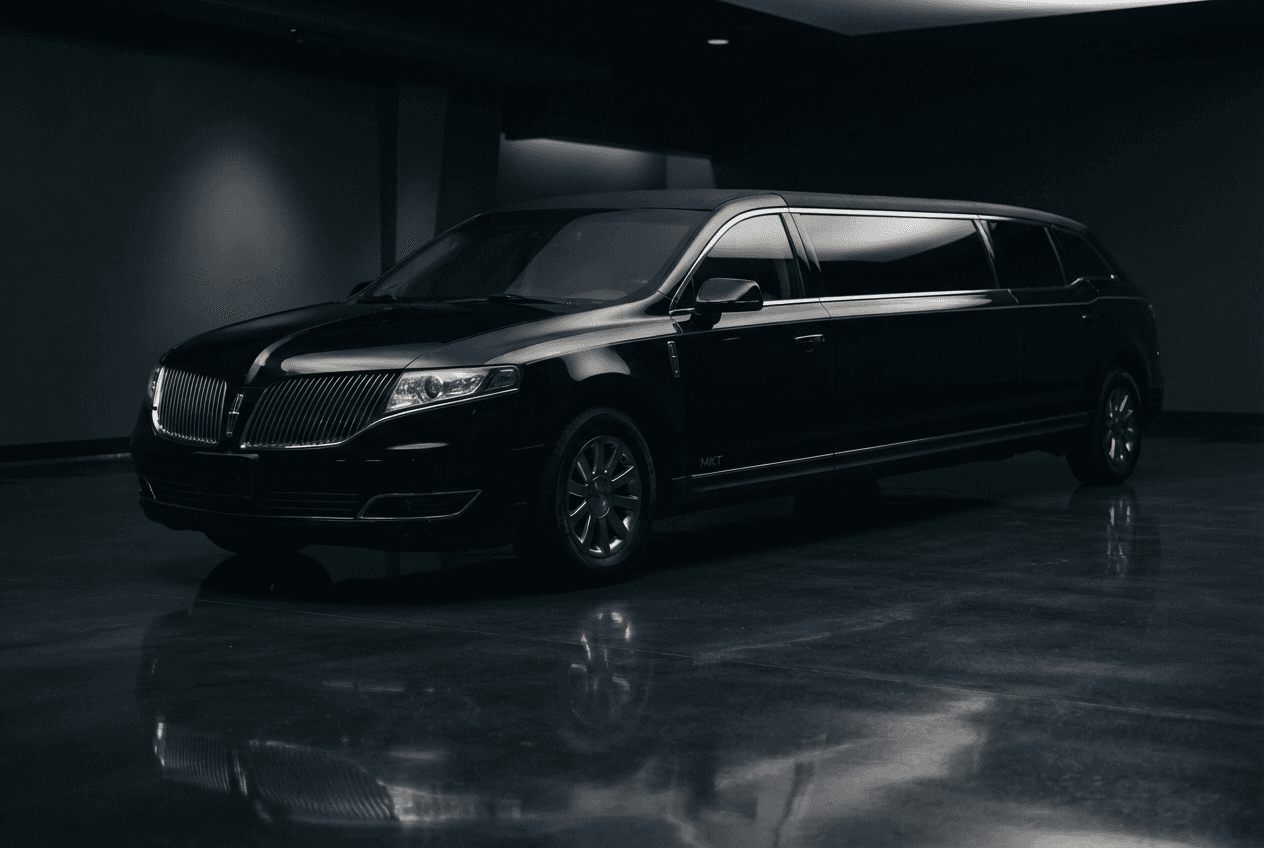 A black Lincoln MKT stretch limousine standing in a dark covered portico.
