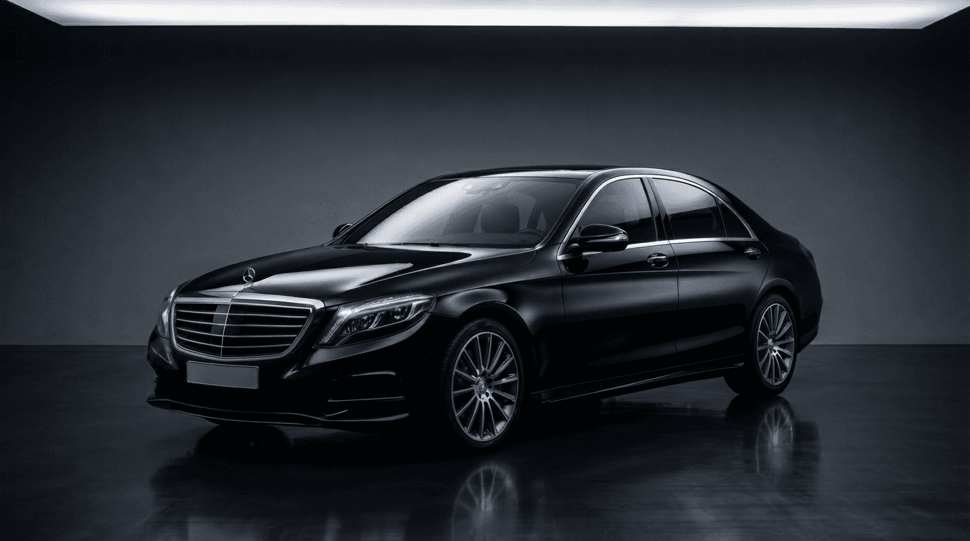 Black Mercedes-Benz S-Class, photographed in a dark studio.