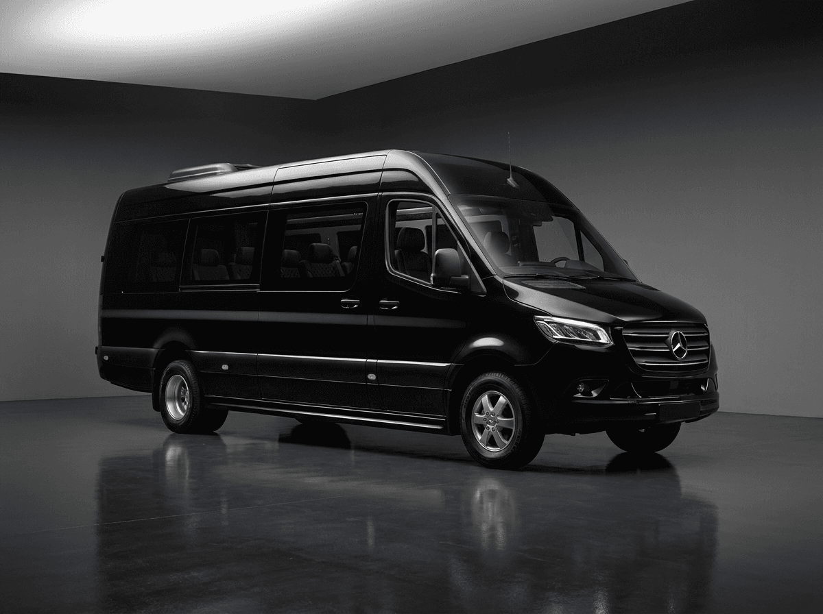 Black Mercedes-Benz Sprinter Executive, photographed in a dark studio.