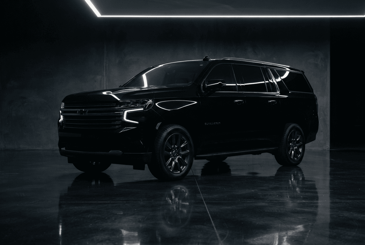 Black Chevrolet Suburban, photographed in a dark studio.