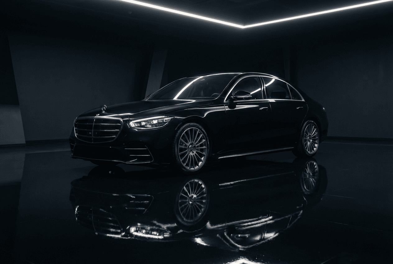 A black Mercedes-Benz S-Class photographed front three-quarter in a dark studio under a single overhead light.